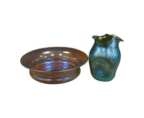 A Loetz Creta Papillon pinched glass vase and a similar dish, largest 21cm diameter. Condition - good,&nbsp;No damage found.