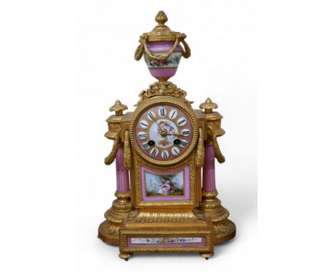 A late 19th century French enamel and gilt metal mantel clock, no key or pendulum, 38cm. Condition - appears good, not tested