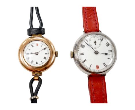 A George V 9ct gold manual wind wrist watch, with Roman dial, case diameter 27mm and a similar silver manual wind wrist watch