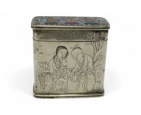 A Chinese paktong and cloisonné enamel rectangular box and cover, 6cm high. Condition - fair to good Light surface scratches,