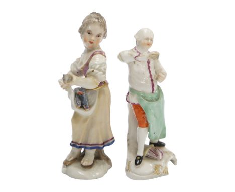 Two 19th century German porcelain figures, Hochst and Buen Retiro style marks, 9.5cm. Condition - fair