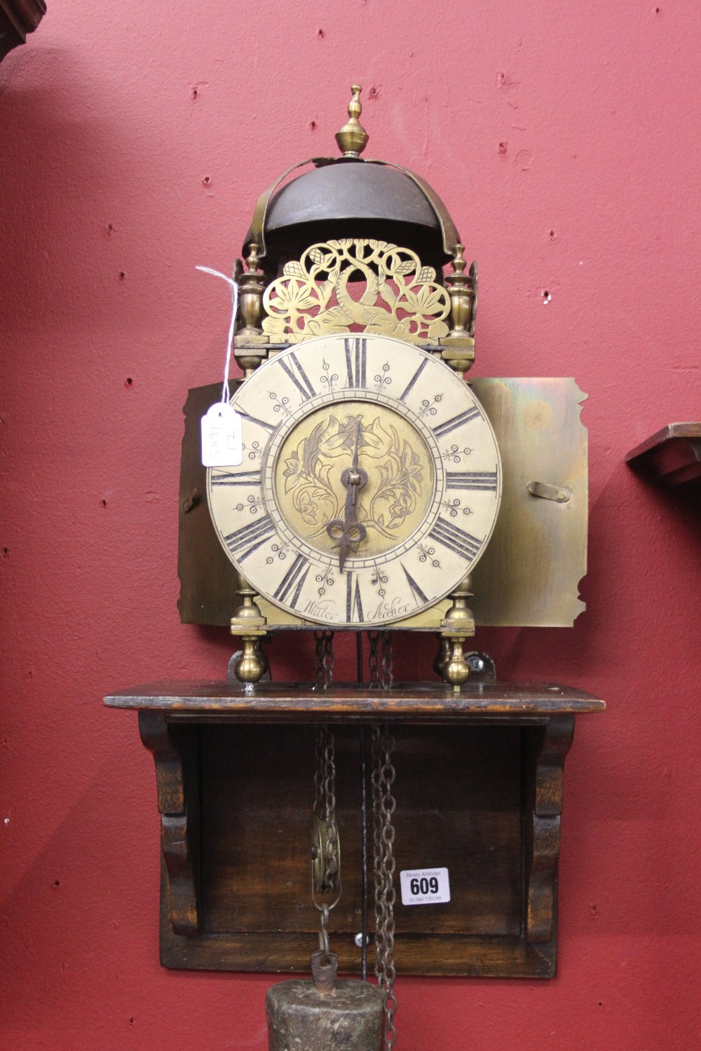 Early 18th cent. Brass lantern clock, gong striking, Walter Archer. The ...