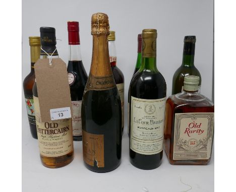 A collection of wine and spirits to include Old Rarity Bulloch Lade scotch whisky 26 2/3 fl. ozs, Old Fettercairn 10 years si