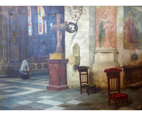 R. Van Der Brugge (19th century Flemish school), interior church scene, oil on canvas, damage to canvas, 76 x 100cm 