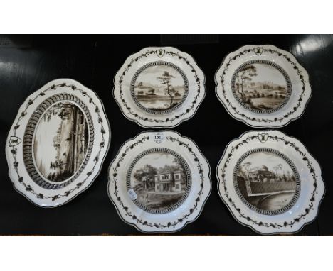 Four Wedgwood 22 cm plates and an oval platter, reproducing the designs from the 'Frog' service (commissioned by Catherine th