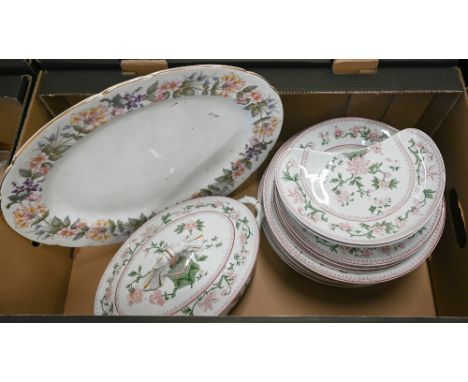 An Edwardian Royal Worcester china part dinner service, printed with Chinese rose design, to/w a Paragon 'Country Lane' meat 