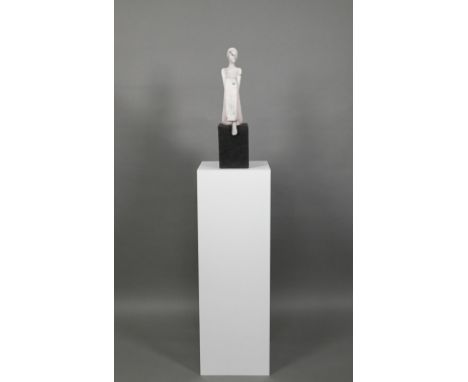 Ferri Farahmandi (Iran), Ponder II - grey marbled ceramic figure, perched on a textured black block plinth, signed 'Ferri', 4