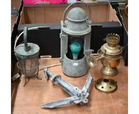 A heavy quality ship's copper starboard light to/w an anchor light, bulkhead oil-lamp on gimbal and a folding boat-anchor (bo