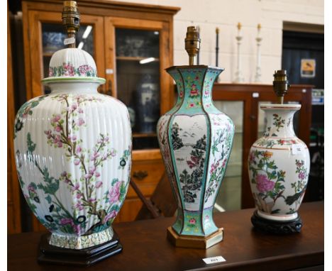 A Chinese hexagonal baluster enamel table lamp, 43 cm overall to/w two ceramic lamps with floral decoration (3) 