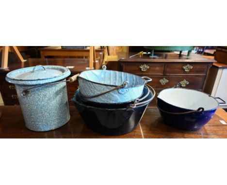 Vintage enamel wares - two sets of jam pans (1 black, 1 blue) and a bread bin 