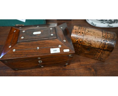 A Victorian rosewood work-box with mother of pearl inlay, the red brocade-lined interior fitted with tray and reels with moth
