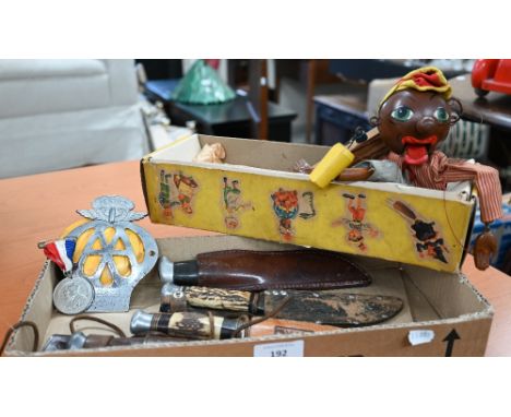 Four various vintage hunting knives, to/w a Pelham puppet and an Isle of Jersey AA badge (box) 