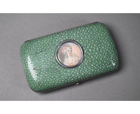 Antique continental hinged trinket-case with shagreen cladding and white metal mounts, inset with circular portrait miniature