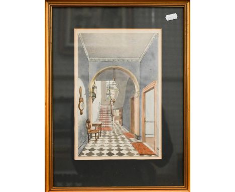 English school - Entrance hall with chequered tile floor, watercolour, 25 x 15.5 cm 