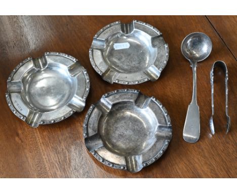 Three heavy quality silver ashtrays with Celtic design rims, Garrard &amp; Co, Birmingham 1963 to/w a pair of Art Nouveau sug