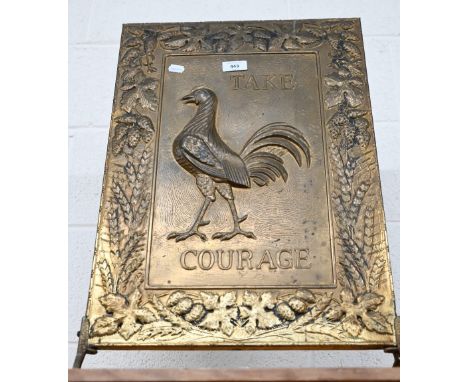 Brewerania: a vintage enamel 'Courage' sign to/w 'Take Courage' embossed brass fire screen and Brickwood's aluminium plaque (