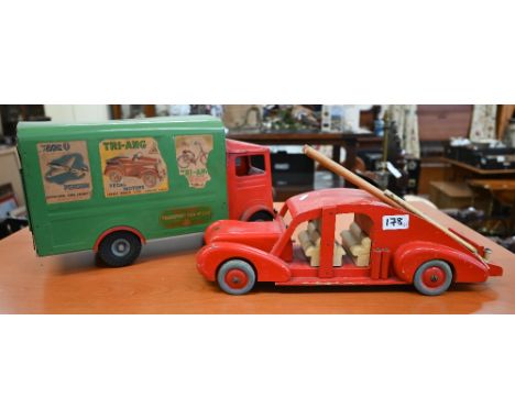 A Tri-ang Transport Van, no 200, to/w a vintage painted wood 'racing fire engine' (2) 