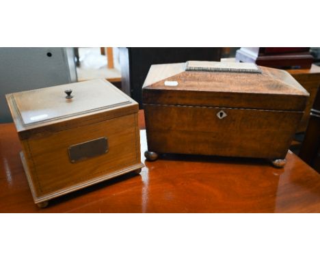 A Dunhill inlaid mahogany cigar-box with silver presentation plaque (1934), 19 cm wide to/w a Victorian mahogany sarcophagus 