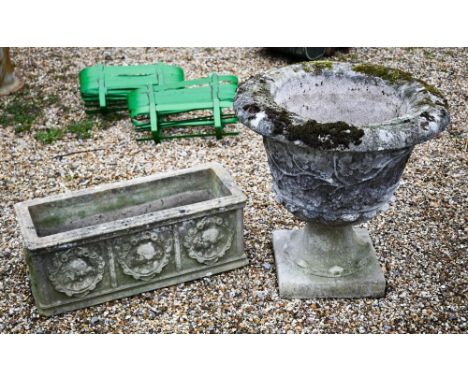 A Regency style cast stone urn planter to/with a neo-classical style rectangular cast stone planter trough (2) 