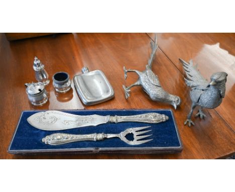 A silver three piece condiment set, Birmingham 1956, 3.5 oz to/w a Victorian cased pair of ep fish servers, a pair of ep phea