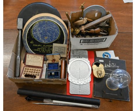 A collection of vintage medical/scientific items including syringe needles, optician's measure, Beaume's Hydrometer, docking 