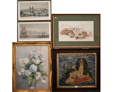 Mixed pictures to include early 20th century English school watercolour of a spray of roses, 60 x 45 cm; framed tapestry of a