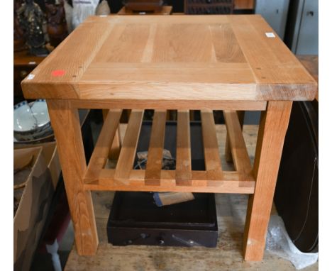 A modern light oak square lamp table with slatted undertier, 60 x 60 x 56 cm 