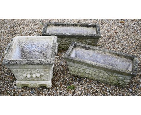 A pair of cast stone rectangular planter troughs to/with a single square planter (3) 