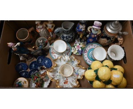 Various decorative ceramics including Dresden shell dish with floral-painted decoration, three Victorian Minton tea cups and 