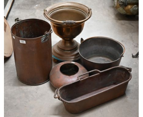 Antique copper and brassware including coal bucket, oval window planter, jardiniere, preserve pan etc 