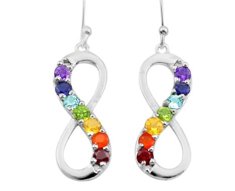 A pair of 925 silver drop pearrings set with garnet, fire opal, citrine, peridot, blue topaz, iolite and amethyst, L. 4cm.