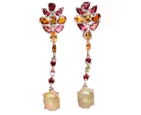 A pair of 925 silver drop earrings set with cabochon cut opal and mixed colour tourmalines, L. 5cm.