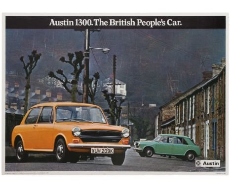 Original vintage advertising poster: Austin 1300. The British People's Car. This poster features a colour photograph showing 