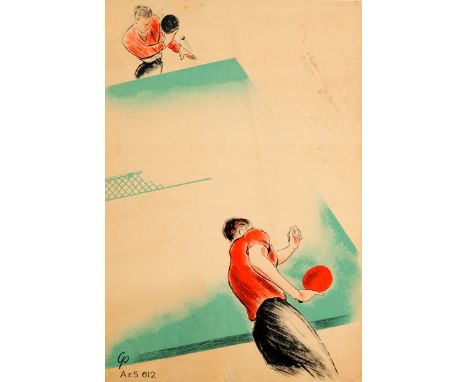 Original vintage sport poster featuring a colourful and dynamic action image of two men playing table tennis / ping pong with