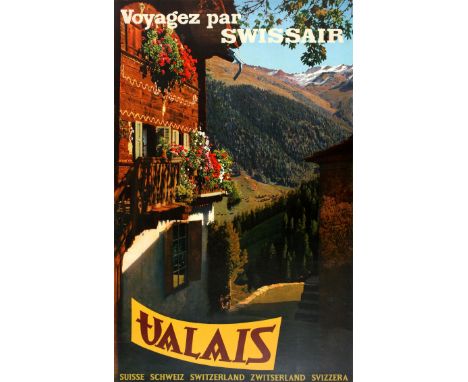 Original vintage travel advertising poster published in French by Swissair to promote the Alpine region of Valais in southern