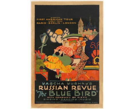Original vintage advertising poster for the first American tour by Yascha Yushny's Russian Revue 'The Blue Bird', direct from