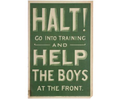 Original vintage WWI recruiting poster published by the Parliamentary Recuiting Committee reading 'Halt! Go into training and