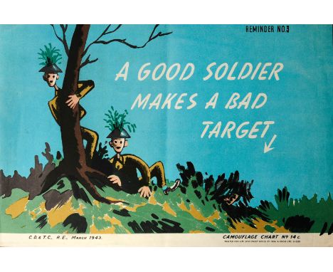 Original vintage World War Two propaganda poster: A Good Soldier Makes A Bad Target / Reminder No 3 Camouflage Chart No 14 c.