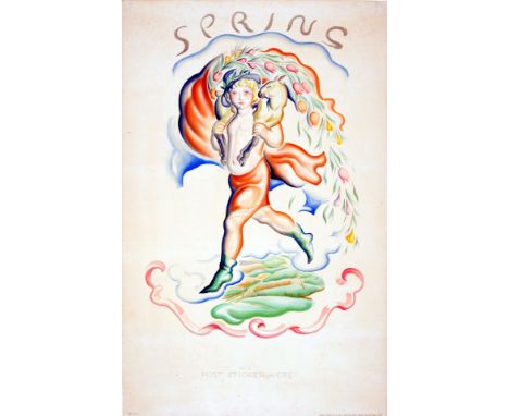 Original vintage poster by Vera Willoughby (1870-1939). Colourful illustration of a child carrying a lamb surrounded by the f