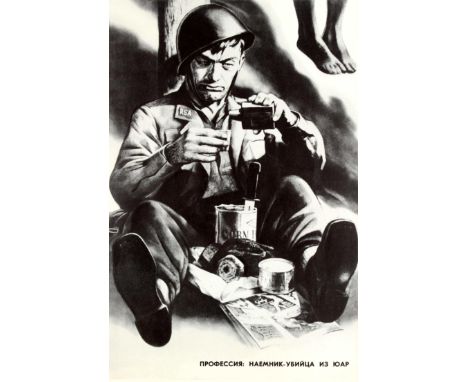 Original vintage Soviet propaganda poster featuring an illustration of a soldier in uniform with RSA (Republic of South Afric