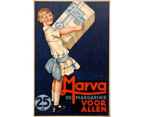 Large original vintage advertising poster for Marva margarine for all / Marva De Margarine voor Allen. Colourful design showi