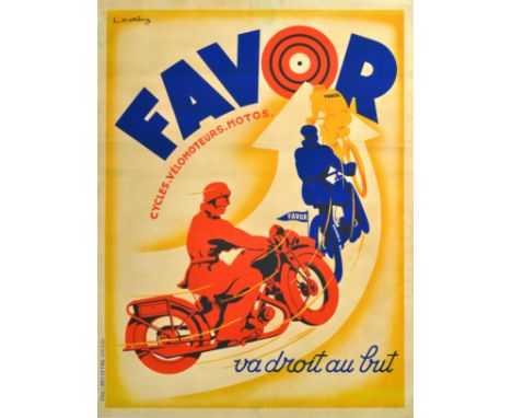 Original vintage advertising poster for Favor Cycles, Velomoteurs, Motos. Colourful image featuring three riders on their bic