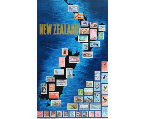 Original vintage travel advertising poster for New Zealand featuring a fantastic design of the map of New Zealand covered wit