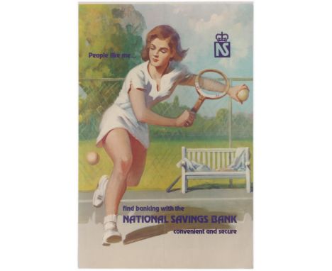 Original vintage sport advertising poster for the National Savings Bank featuring an artwork showing a young woman playing te