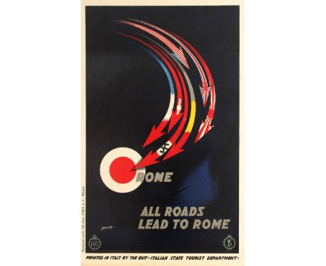 Original vintage travel poster - All Roads Lead to Rome - featuring a stunning design by Severo Pozzati (1895-1983) depicting
