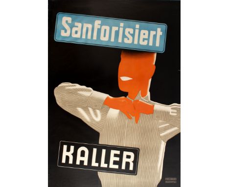 Original vintage fashion advertising poster published in German for Sanforisiert pre-shrunk garments sold by Kaller Swiss clo