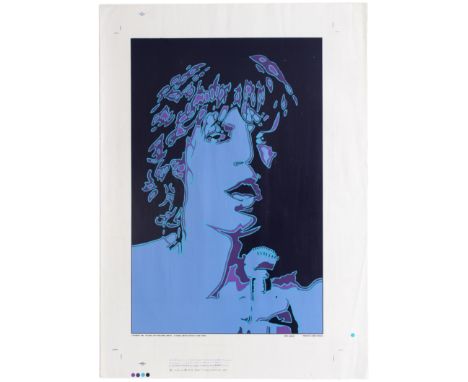 Original vintage music advertising silk screened 'Pop-Art' poster featuring an iconic image of Mick Jagger, the Rolling Stone