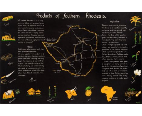 Original vintage poster entitled Products of Southern Rhodesia (now Zimbabwe) featuring an outline map of the country against