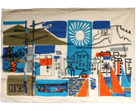 Original vintage printed wall printed tapestry entitled Corse featuring a colourful and stylised scene depicting a view of th