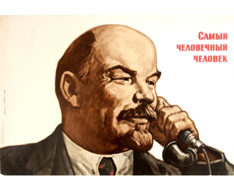 Original vintage Soviet propaganda poster - The Most Human Person - featuring an image of Lenin speaking on a telephone with 